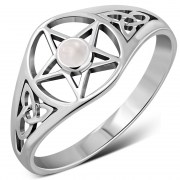 Rose Quartz Pentacle Silver Ring, r619